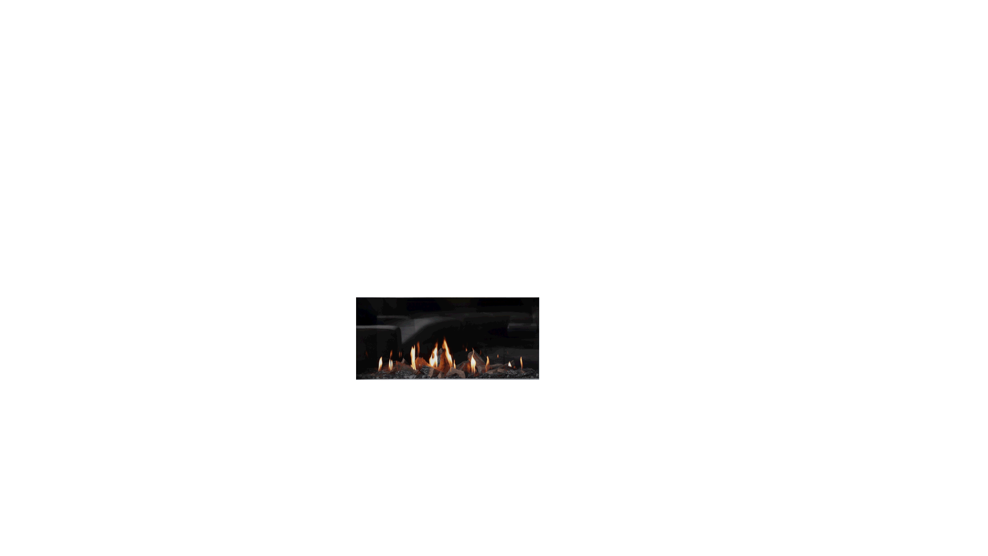 Modern gas fireplace set in a curved, plaster-finished surround with marble base and chrome detailing, framed by dark herringbone timber flooring and soft neutral-toned furniture. animated