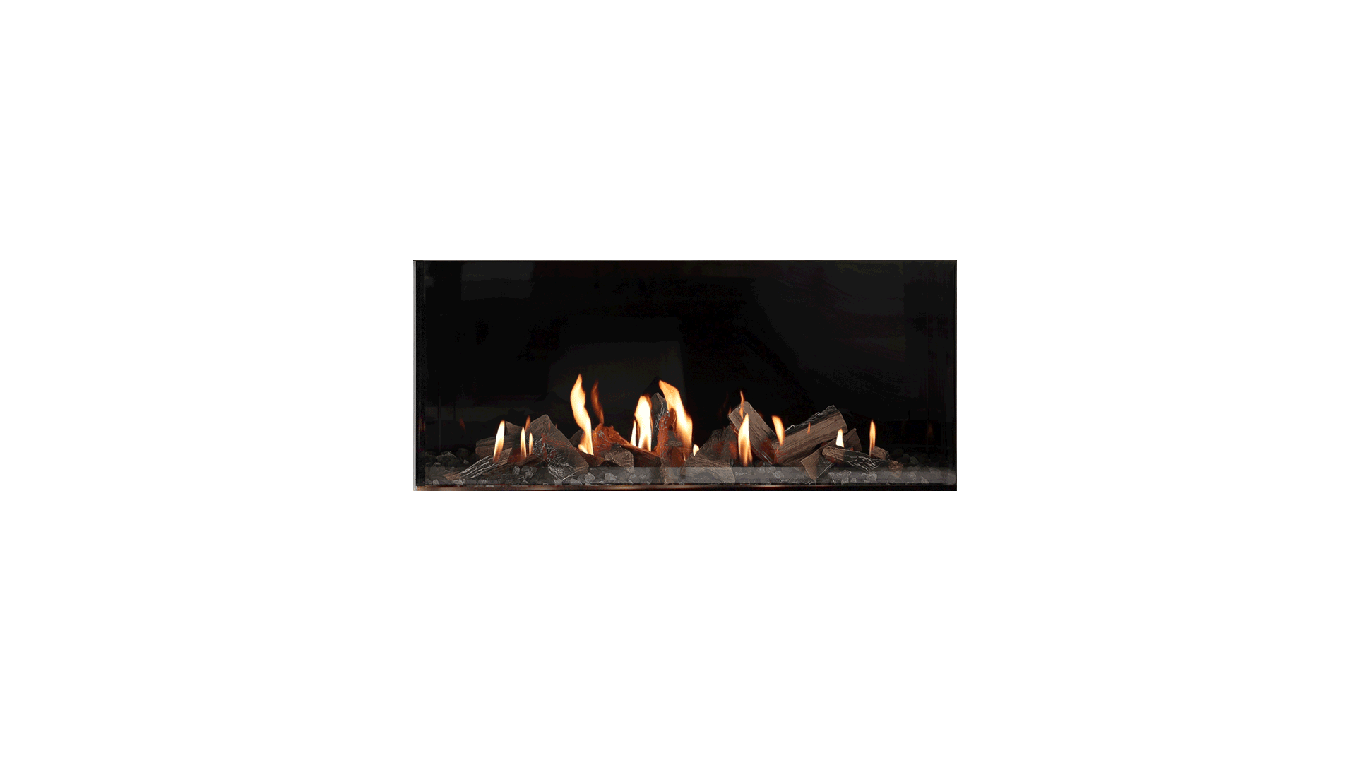 Modern gas fireplace set in a curved, plaster-finished surround with marble base and chrome detailing, framed by dark herringbone timber flooring and soft neutral-toned furniture. animated