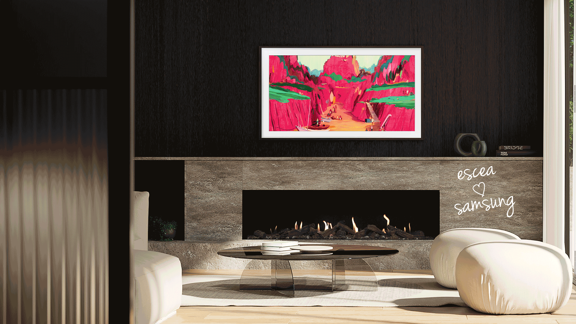 Escea DS1650 Gas Fireplace paired with Samsung's The Frame TV